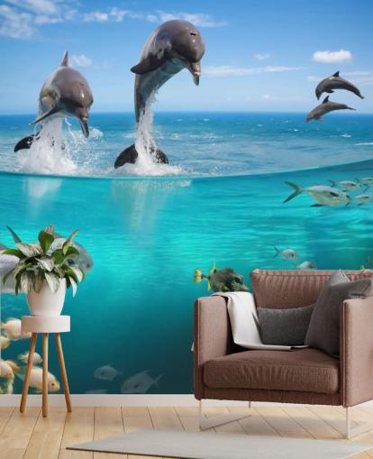 Mural Delfines jugando sobre el agua