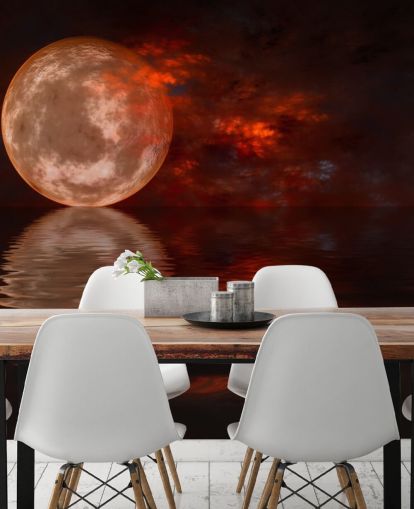 Glødende Red Moon med oransje og rød himmel på kvelden tapet Glødende Red Moon med oransje og rød himmel på kvelden tapet