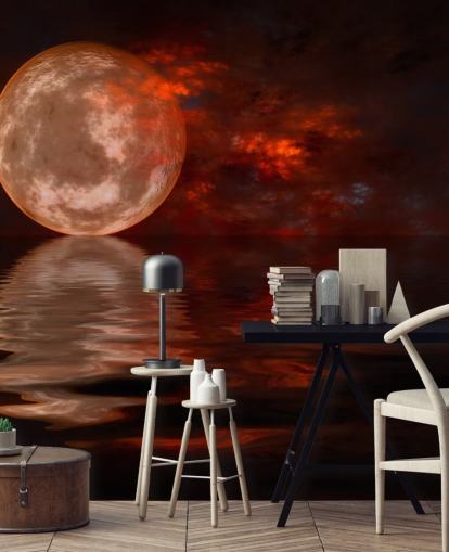 Carta da parati con luna rossa incandescente con cieli arancioni e rossi di notte