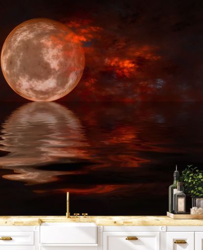 Fondo de pantalla Luna roja brillante con cielos naranjas y rojos en la noche