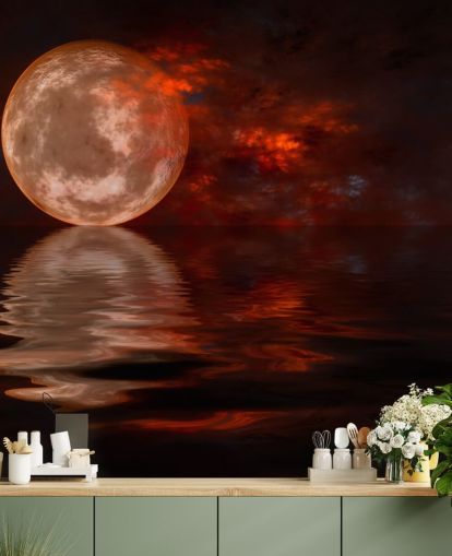 Fondo de pantalla Luna roja brillante con cielos naranjas y rojos en la noche