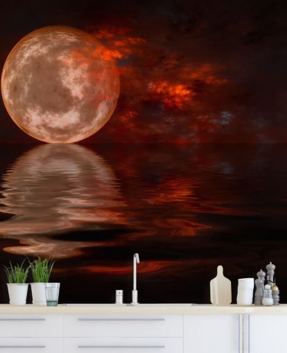 Glühender roter Mond mit orangefarbenem und rotem Himmel bei Nacht Wallpaper Glühender roter Mond mit orangefarbenem und rotem Himmel bei Nacht Wallpaper