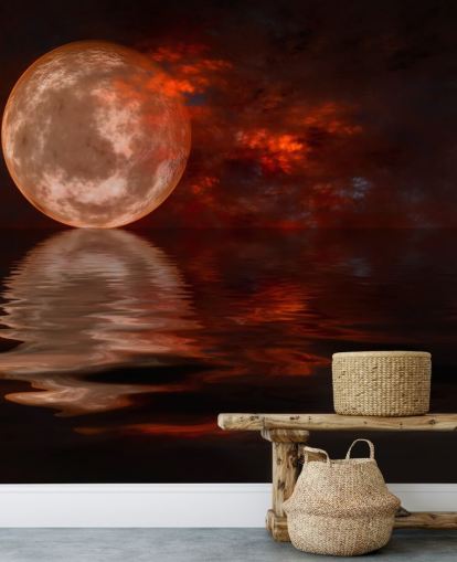 Papier Peint Lune Rougeoyante avec ciel orange et rouge la nuit