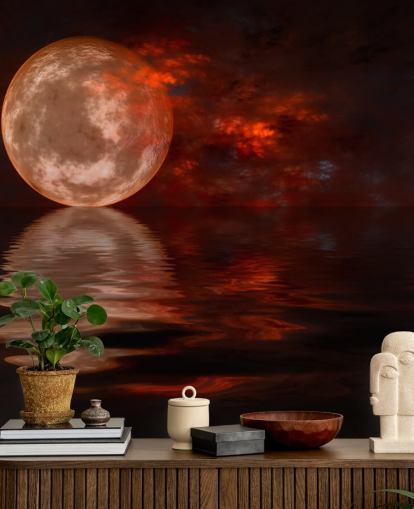 Carta da parati con luna rossa incandescente con cieli arancioni e rossi di notte