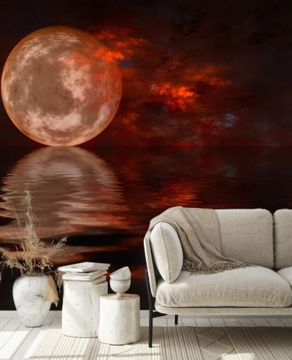 Fondo de pantalla Luna roja brillante con cielos naranjas y rojos en la noche