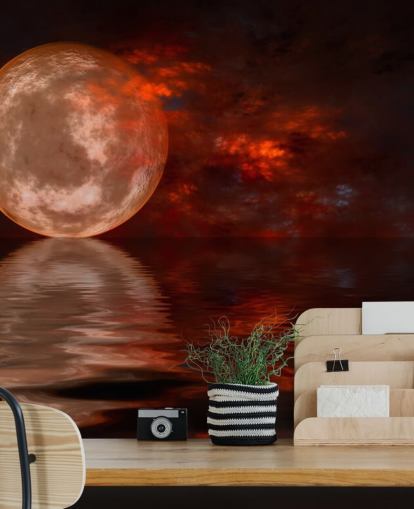 Carta da parati con luna rossa incandescente con cieli arancioni e rossi di notte