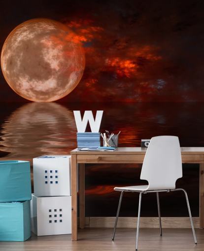 Carta da parati con luna rossa incandescente con cieli arancioni e rossi di notte