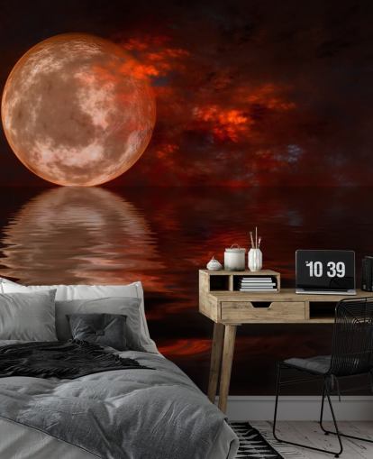 Glühender roter Mond mit orangefarbenem und rotem Himmel bei Nacht Wallpaper
