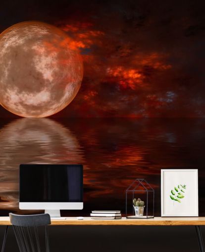 Carta da parati con luna rossa incandescente con cieli arancioni e rossi di notte