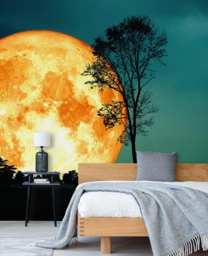 Huge Orange Room and Tree Silhouette Wallpaper