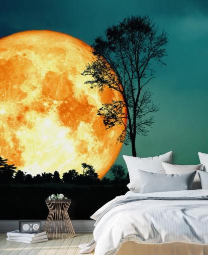 Huge Orange Room and Tree Silhouette Wallpaper