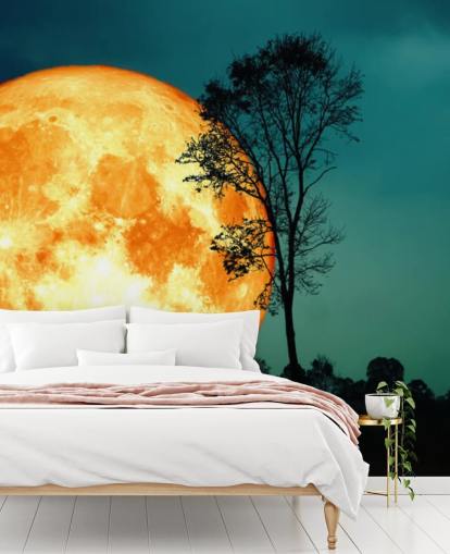 Papel pintado de silueta de árbol y habitación naranja enorme