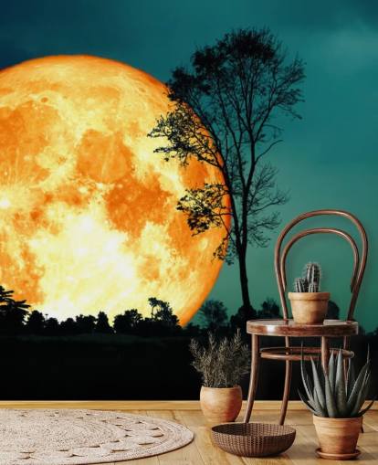 Huge Orange Room and Tree Silhouette Wallpaper