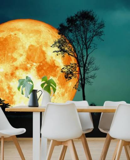 Huge Orange Room and Tree Silhouette Wallpaper