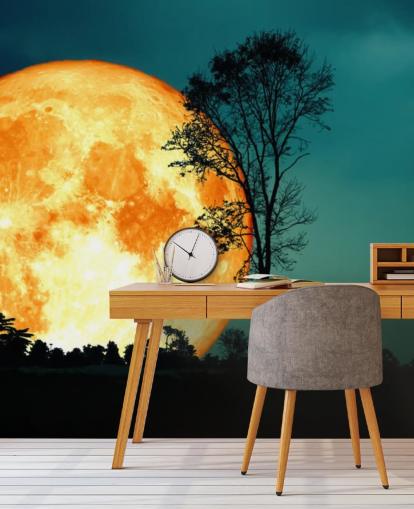 Huge Orange Room and Tree Silhouette Wallpaper