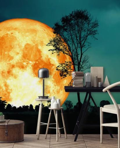 Papel pintado de silueta de árbol y habitación naranja enorme