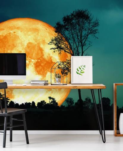 Huge Orange Room and Tree Silhouette Wallpaper