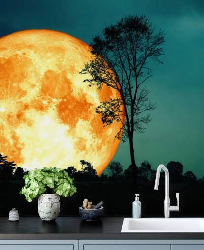 Huge Orange Room and Tree Silhouette Wallpaper