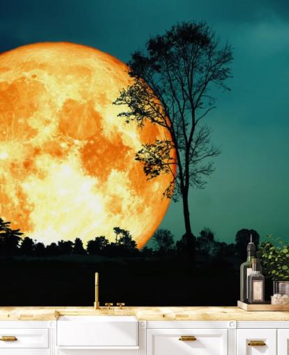 Huge Orange Room and Tree Silhouette Wallpaper