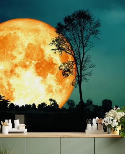 Papel pintado de silueta de árbol y habitación naranja enorme