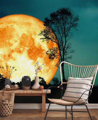 Huge Orange Room and Tree Silhouette Wallpaper