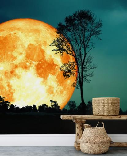 Riesiges orangefarbenes Zimmer und Baum-Silhouette