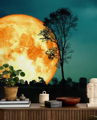 Huge Orange Room and Tree Silhouette Wallpaper