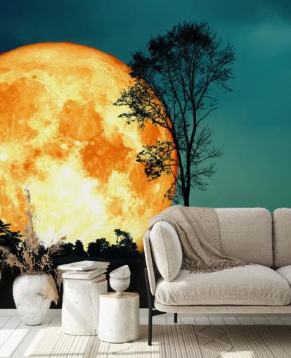 énorme chambre orange et silhouette d'arbre papier peint