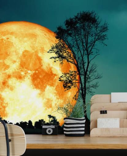 Stor Orange Rom og Tre Silhouette Bakgrunn Stor Orange Rom og Tre Silhouette Bakgrunn