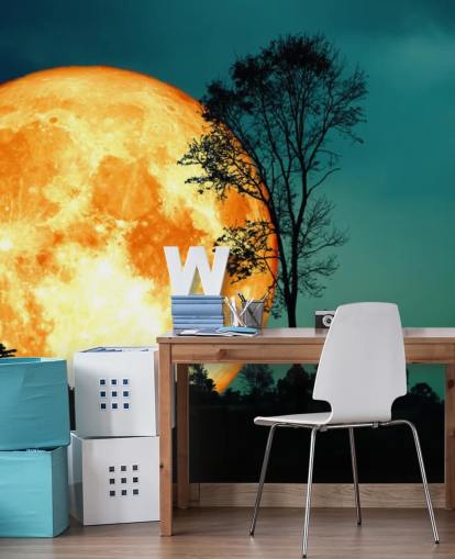 Papel pintado de silueta de árbol y habitación naranja enorme Papel pintado de silueta de árbol y habitación naranja enorme