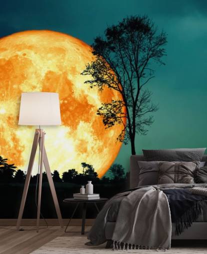 Riesiges orangefarbenes Zimmer und Baum-Silhouette