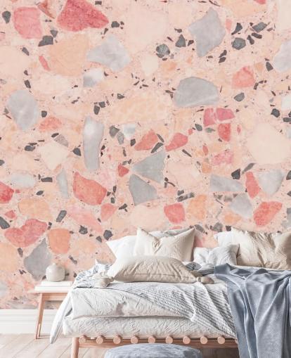 Papier Peint Terrazzo Rose Pastel, Bleu et Blanc Papier Peint Terrazzo Rose Pastel, Bleu et Blanc