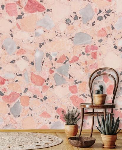 Papel de Parede de Terrazzo Rosa, Azul e Branco Pastel