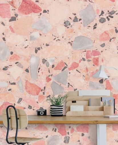 Carta da parati terrazzo rosa pastello, blu e bianco Carta da parati terrazzo rosa pastello, blu e bianco