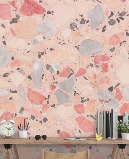 Papel pintado Terrazo rosa, azul y blanco pastel