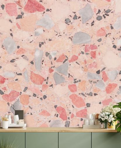 Pastel Pink, Blue and White Terrazzo Wallpaper