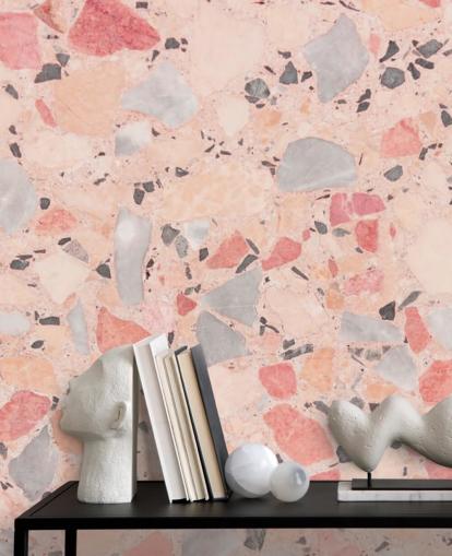 Pastellrosa, blaue und weiße Terrazzo-Tapete