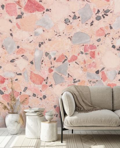 Papel pintado Terrazo rosa, azul y blanco pastel