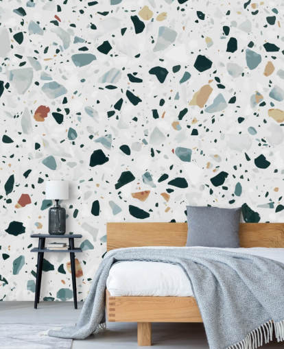 Papel pintado terrazo moteado marrón, negro y azul