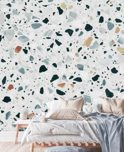 Carta da parati in terrazzo maculato marrone, nero e blu