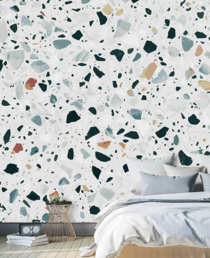 Bruin, zwart en blauw gespikkeld terrazzo behang Bruin, zwart en blauw gespikkeld terrazzo behang