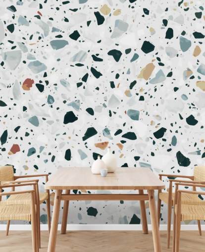 Papel de Parede de Terrazzo Salpicado Marrom, Preto e Azul