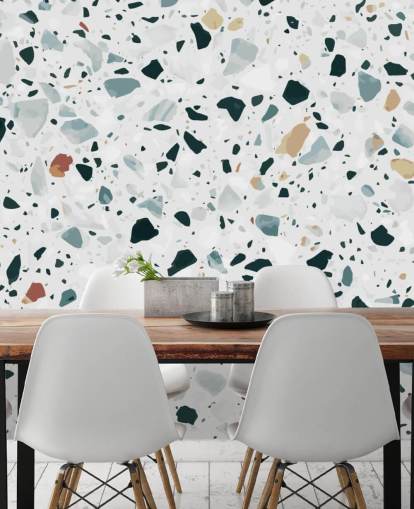 Papier Peint Terrazzo Moucheté Marron, Noir et Bleu