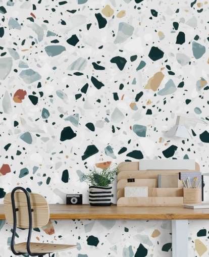 Papel de Parede de Terrazzo Salpicado Marrom, Preto e Azul