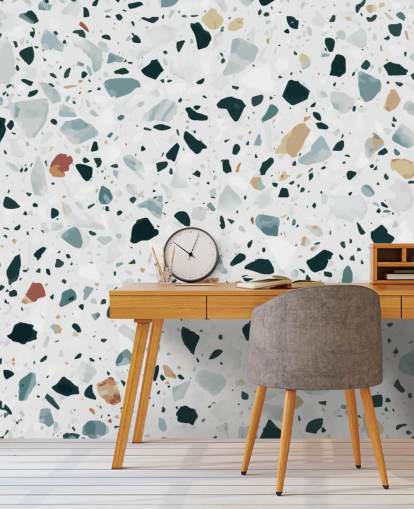 Papel de Parede de Terrazzo Salpicado Marrom, Preto e Azul