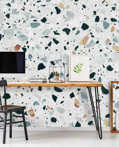 Papel pintado terrazo moteado marrón, negro y azul