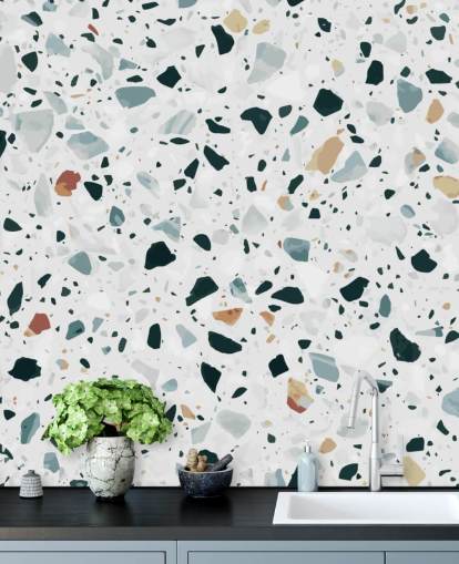 Papel pintado terrazo moteado marrón, negro y azul