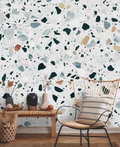 Carta da parati in terrazzo maculato marrone, nero e blu