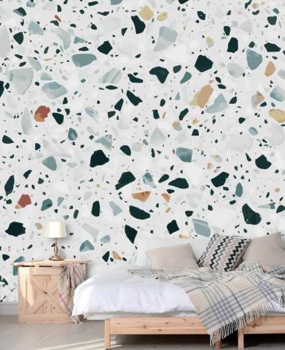 Bruin, zwart en blauw gespikkeld terrazzo behang Bruin, zwart en blauw gespikkeld terrazzo behang