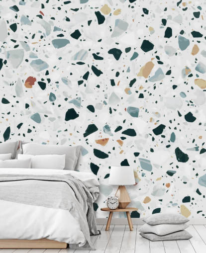 Papel pintado terrazo moteado marrón, negro y azul